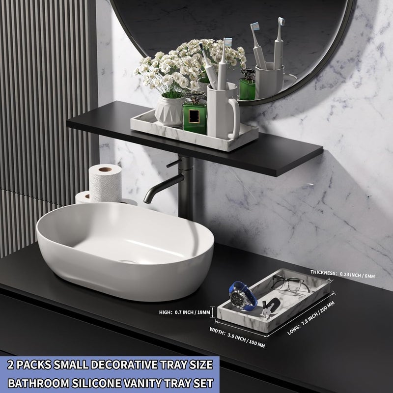 BBK Bathroom Vanity Tray 7.8 in - 2 Pack(Small) Silicone Bathroom Tray for Counter, Perfume Key Trinket Ring Tray, Decor Soap Dispenser Countertop Tray for Kitchen Sink Organization (Faux Marble Look) - Image 3